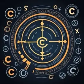A futuristic circular design featuring various symbols and patterns, prominently displaying multiple "C" characters within a dark and orange color scheme.