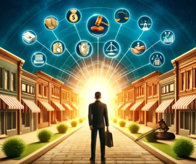 A person stands in a street lined with buildings, facing a bright light with legal and financial icons floating above, including scales, a gavel, and a dollar sign.