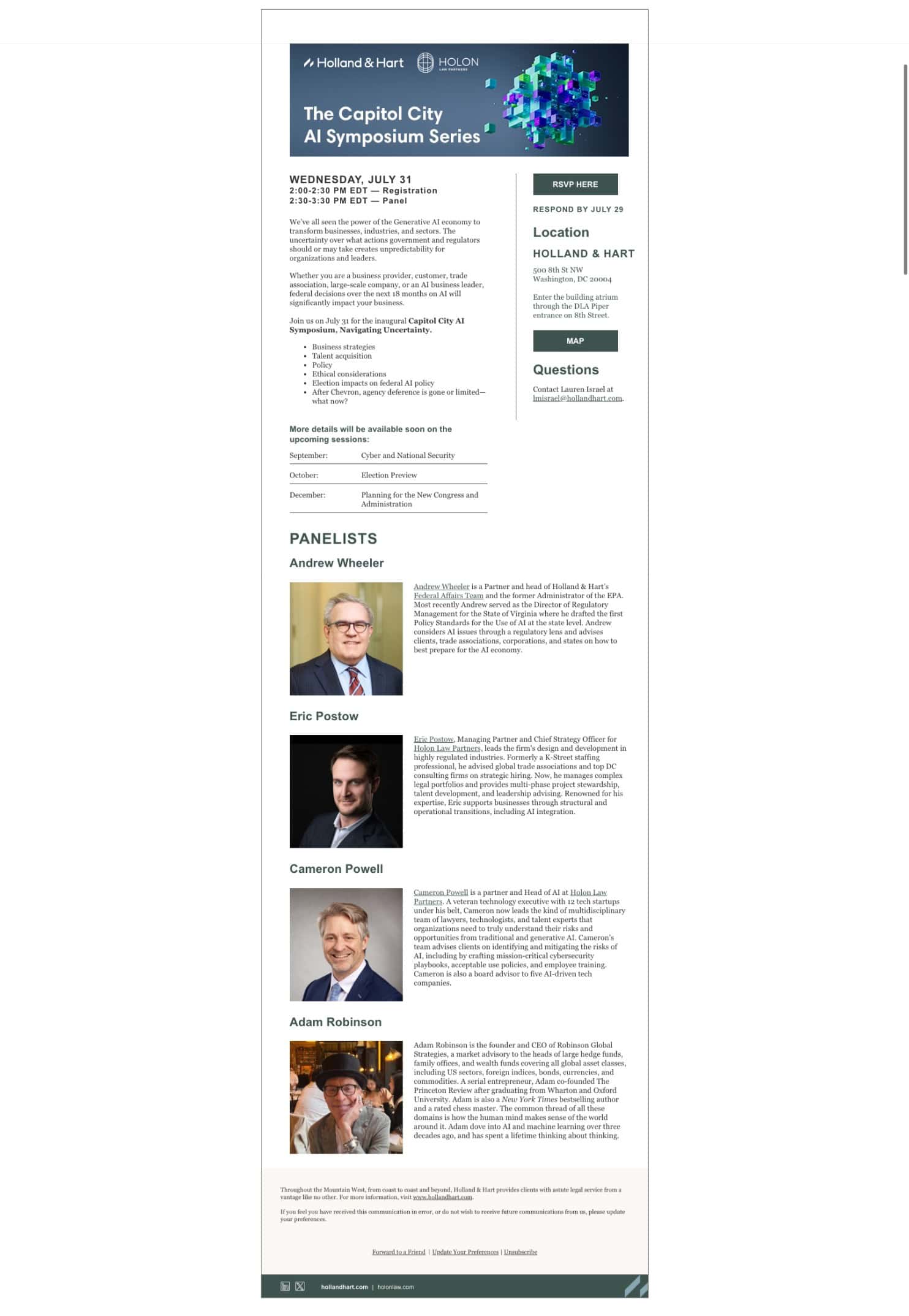 Promotional flyer for "The Capitol City AI Symposium Series" featuring event details, location, and speaker biographies, including photos of four panelists: Andrew Wheeler, Eric Postow, Cameron Powell, and Adam Robinson.