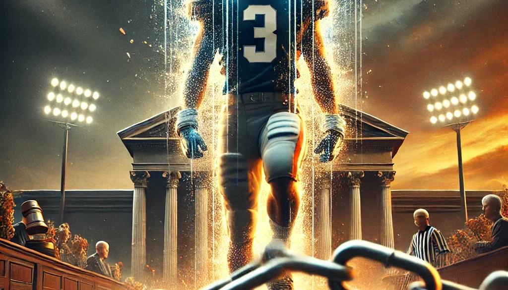 A football player wearing a number 3 jersey stands on a field with stadium lights and a courthouse in the background. The NCAA logo is shown, and chains are depicted breaking in the foreground.