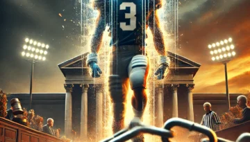 A football player wearing a number 3 jersey stands on a field with stadium lights and a courthouse in the background. The NCAA logo is shown, and chains are depicted breaking in the foreground.