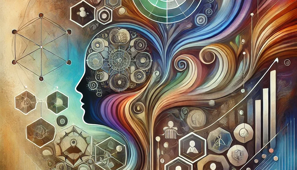 Abstract illustration depicting a human head silhouette filled with gears and icons, surrounded by flowing lines, geometric shapes, and bar graphs against a colorful, swirling background.