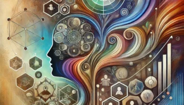 Abstract illustration depicting a human head silhouette filled with gears and icons, surrounded by flowing lines, geometric shapes, and bar graphs against a colorful, swirling background.