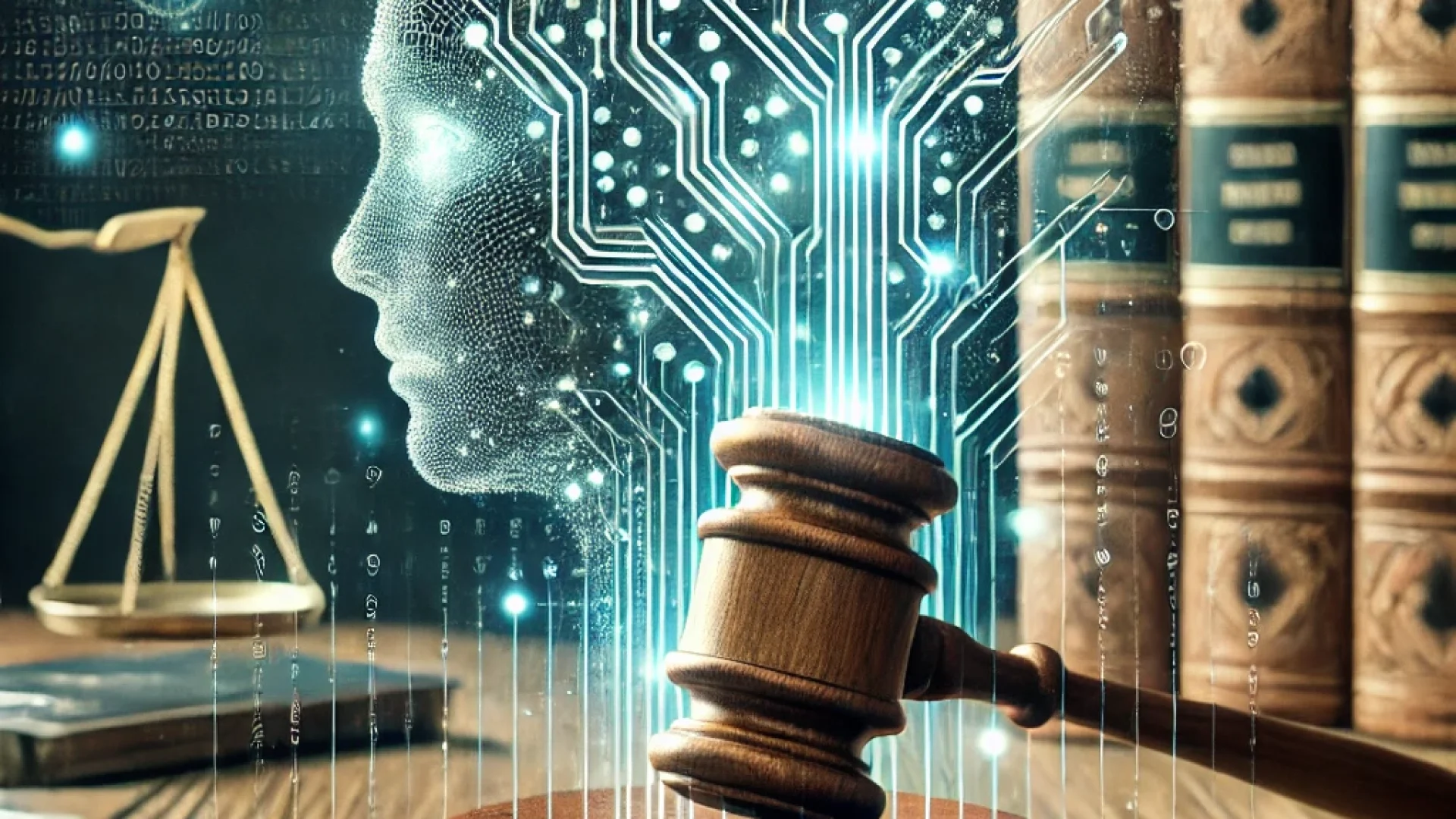 Illustration of a gavel on a table with a digital human head symbolizing artificial intelligence in the background, surrounded by binary code and legal books.