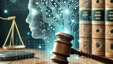 Illustration of a gavel on a table with a digital human head symbolizing artificial intelligence in the background, surrounded by binary code and legal books.