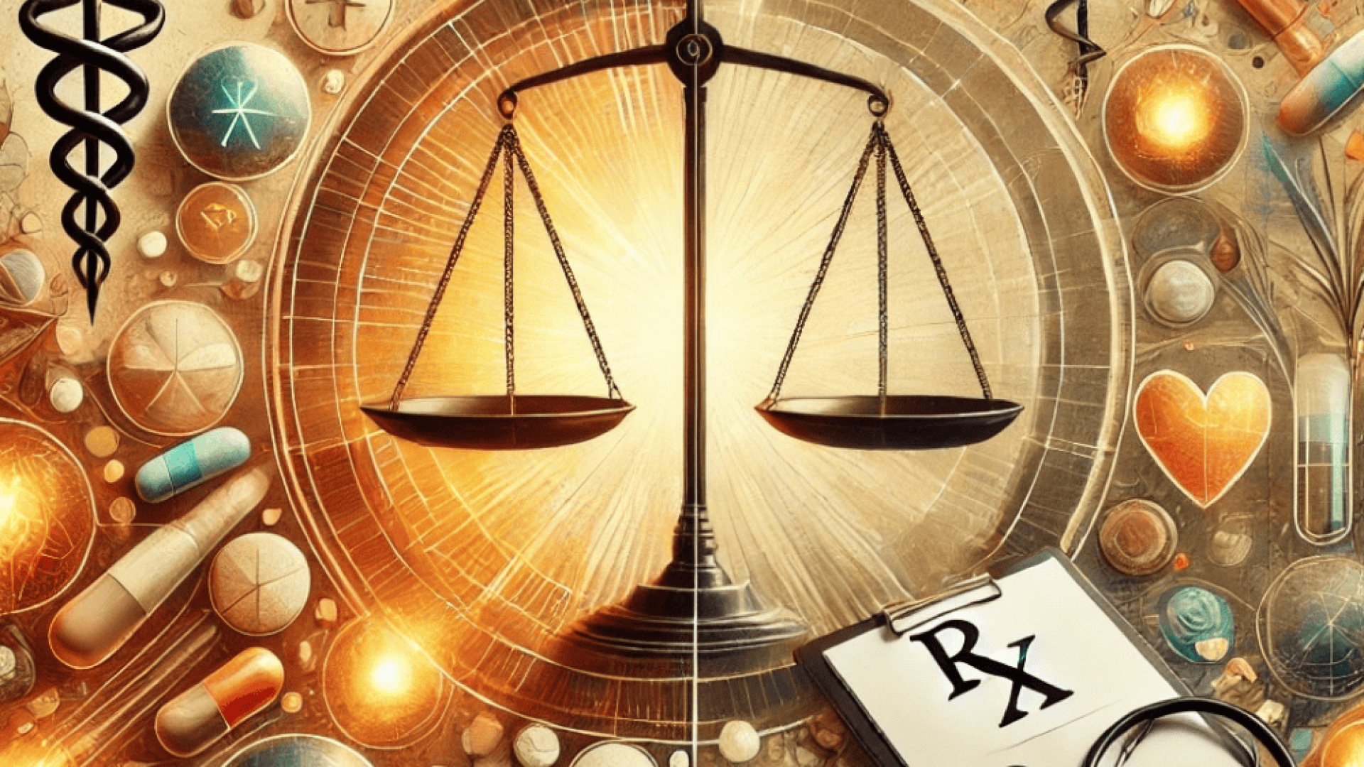 A balanced scale is surrounded by various medical symbols, including pills, a stethoscope, an RX prescription pad, and the caduceus, representing the intersection of law and medicine.