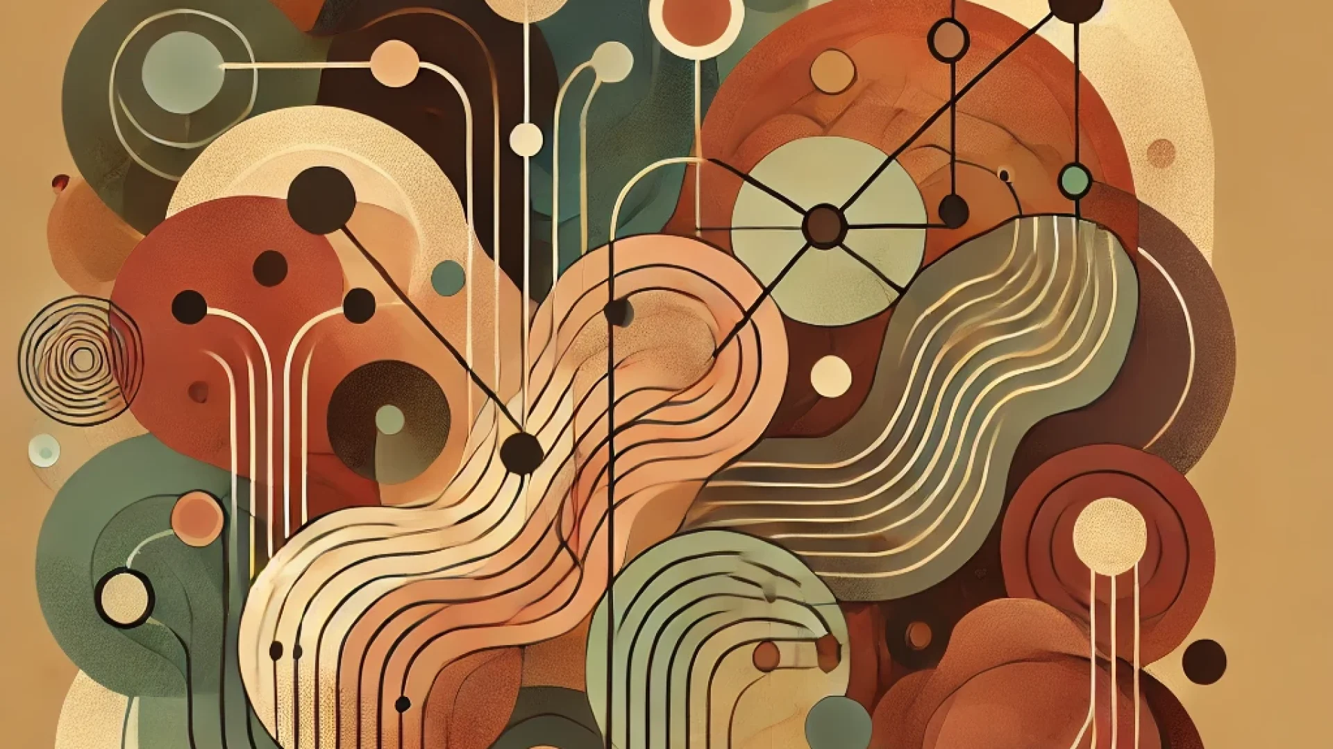 An abstract digital artwork featuring interconnected geometric shapes and lines in shades of brown, green, and beige against a muted background.