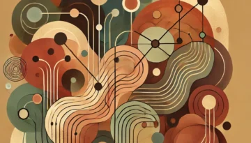 An abstract digital artwork featuring interconnected geometric shapes and lines in shades of brown, green, and beige against a muted background.