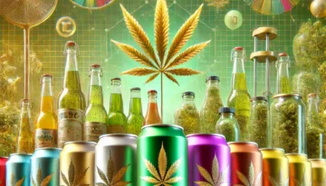 Colorful hemp-infused beverage cans and bottles with a large cannabis leaf in the background, surrounded by green and yellow glows, gears, and abstract elements.