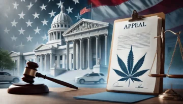 A gavel, scales, and a clipboard with a cannabis leaf and "Appeal" text are set against a backdrop of the U.S. Capitol and flag.