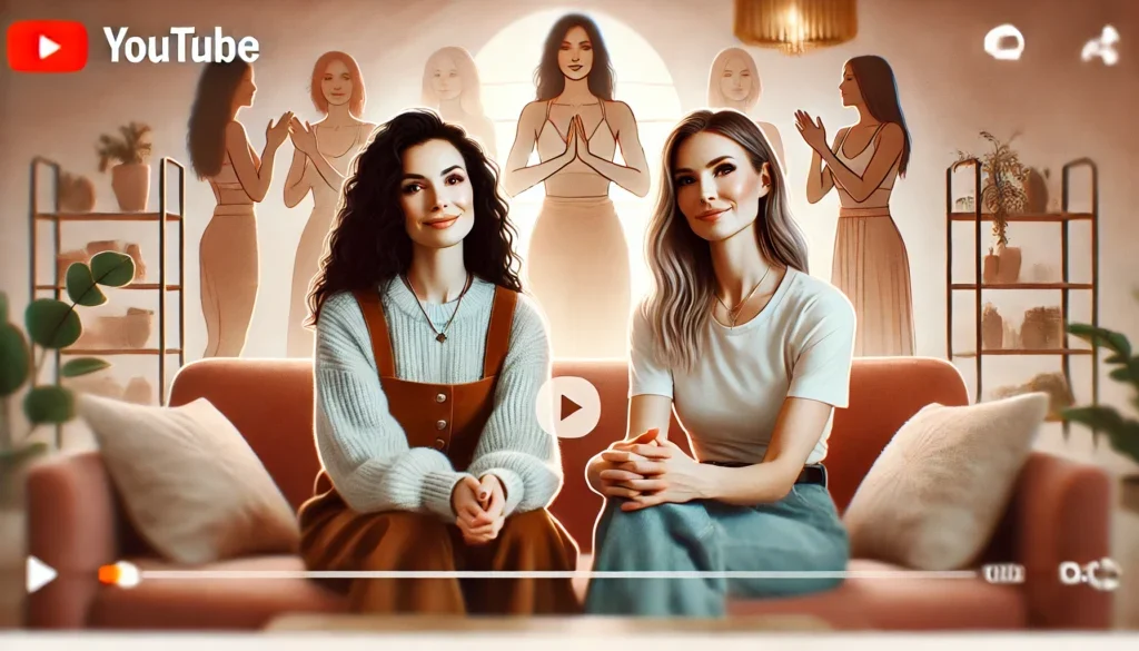 Two women sitting on a sofa, smiling at the camera, with illustrations of other women clapping in the background.