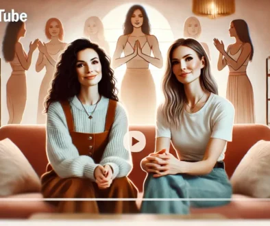 Two women sitting on a sofa, smiling at the camera, with illustrations of other women clapping in the background.