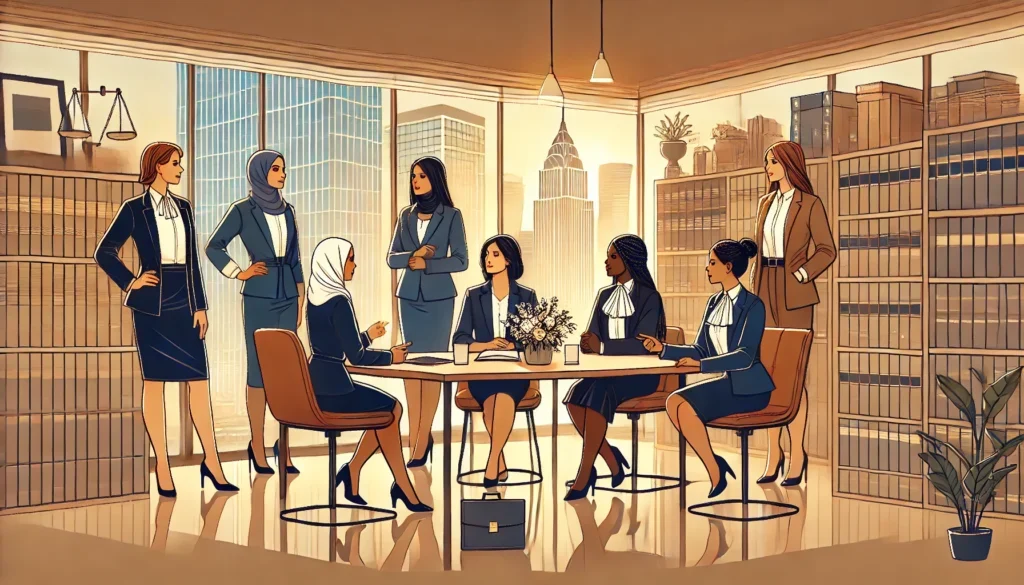 A group of women in business attire engage in discussion around a table in a modern office with large windows, bookshelves, and a cityscape view.