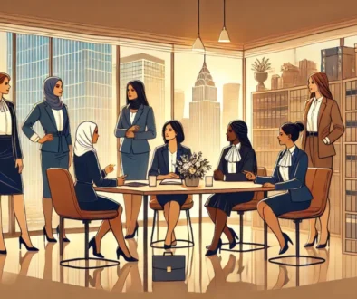 A group of women in business attire engage in discussion around a table in a modern office with large windows, bookshelves, and a cityscape view.