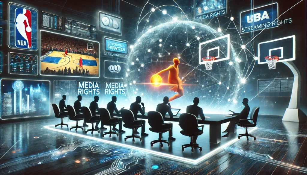 Futuristic room with silhouetted figures at a table, basketball-themed holograms, screens displaying sports and media rights, and a digital globe.