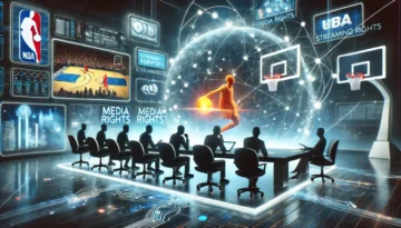 Futuristic room with silhouetted figures at a table, basketball-themed holograms, screens displaying sports and media rights, and a digital globe.